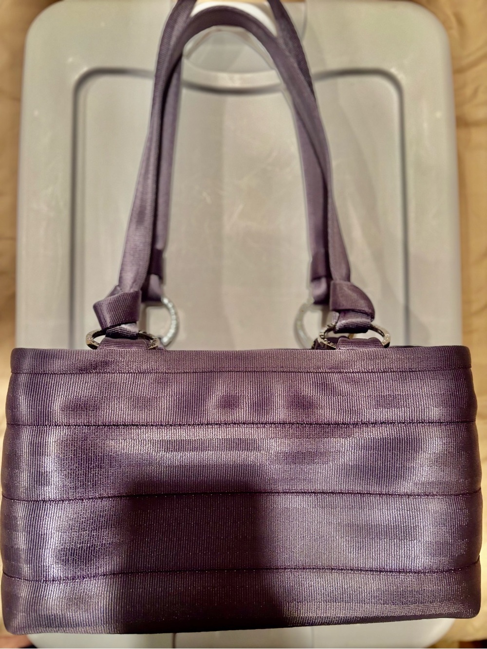 Harveys carriage ring 13”x7” satchel / amethyst / excellent pre-owned condition